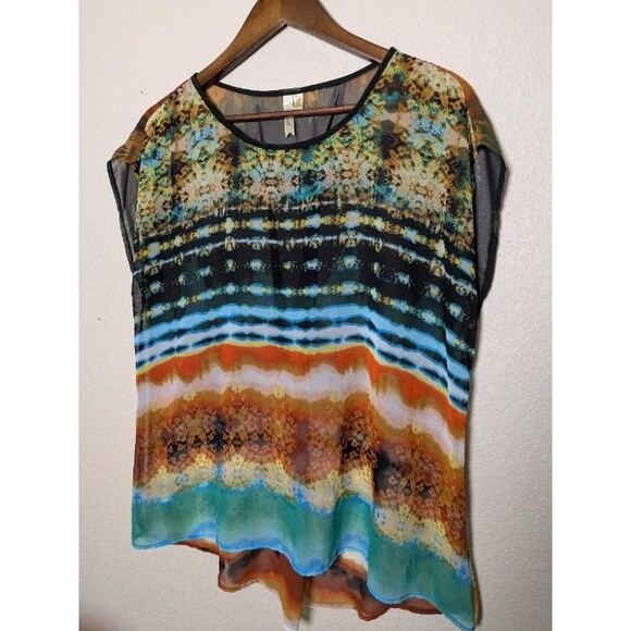 Colorful Abstract Sheer Blouse Size PXL Made in USA Festival Artsy Retro Flowy - Picture 2 of 10
